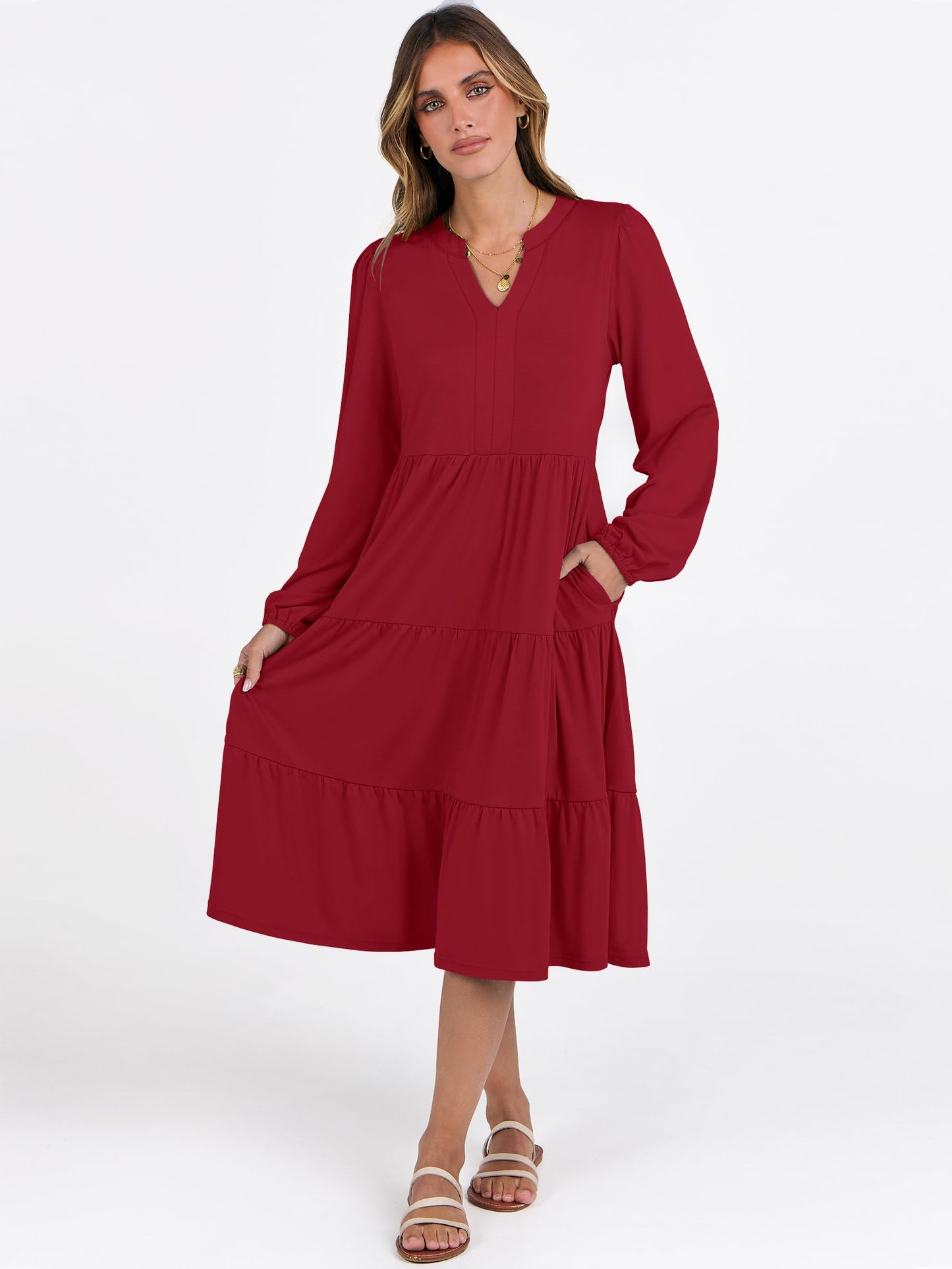 ANRABESS Womens V Neck Long Sleeve Midi Dress | Swing Flowy Tiered with Pockets, Soft Fabric, Boho Beach Vacation Dresses, Loose Fit Casual, Fall Winter Transition Clothes
