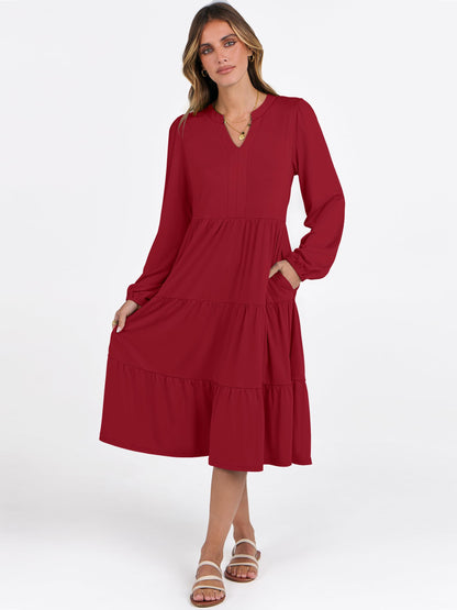 ANRABESS Womens V Neck Long Sleeve Midi Dress | Swing Flowy Tiered with Pockets, Soft Fabric, Boho Beach Vacation Dresses, Loose Fit Casual, Fall Winter Transition Clothes