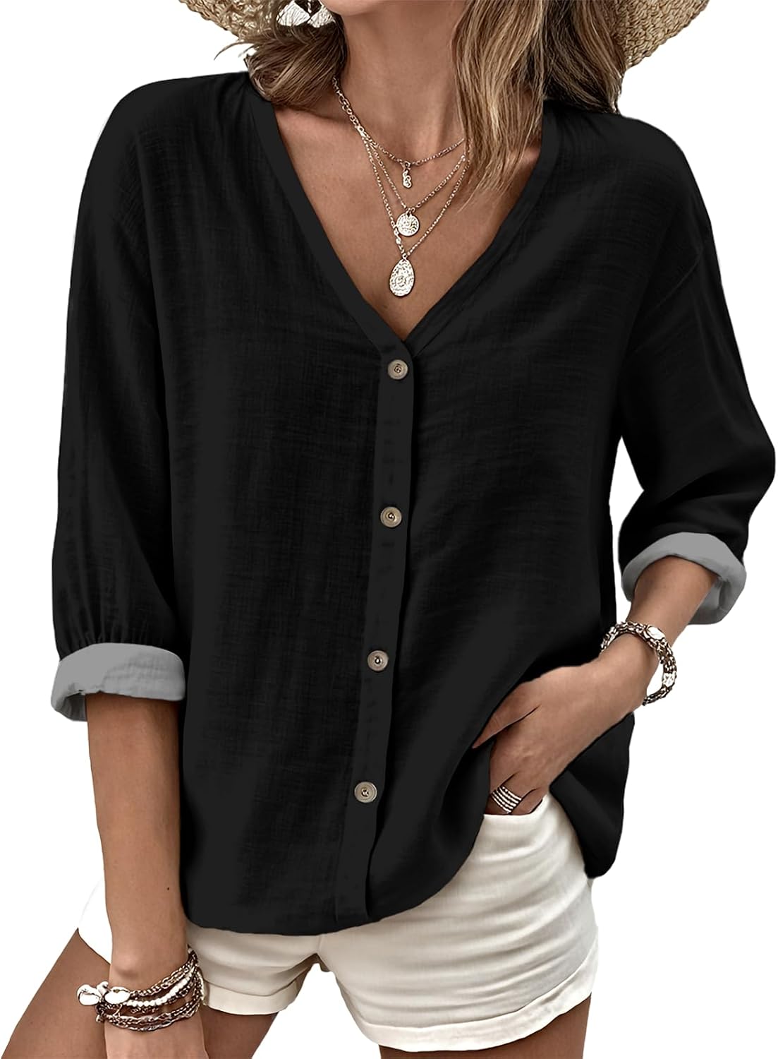 MARSVOVO V Neck Shirts for Women Lightweight Decorative Button 3/4 Sleeve Blouses Comfy Casual Business Flowy Top