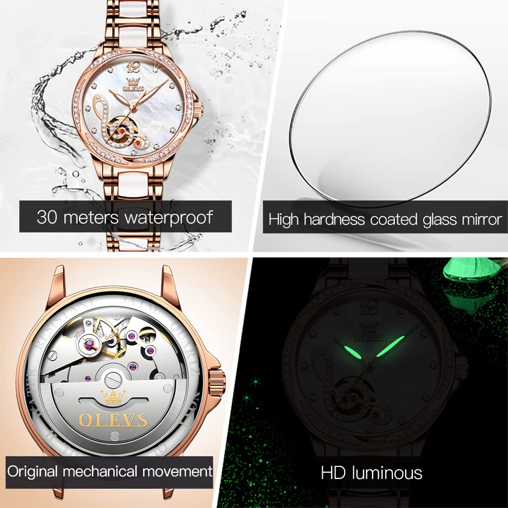 OLEVS Automatic Watches for Women Rose Gold Fashion Diamond Dress Ladies Wrist Watch Self Winding Mechanical Two Tone Ceramic Band Waterproof