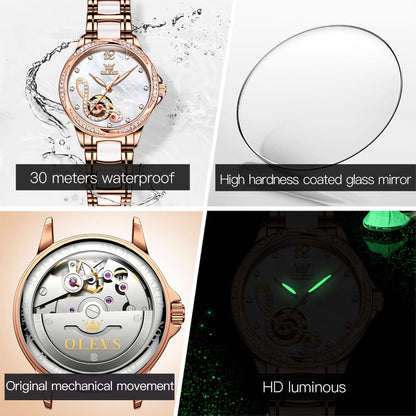 OLEVS Automatic Watches for Women Rose Gold Fashion Diamond Dress Ladies Wrist Watch Self Winding Mechanical Two Tone Ceramic Band Waterproof