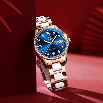 OLEVS Automatic Watches for Women Rose Gold Fashion Diamond Dress Ladies Wrist Watch Self Winding Mechanical Two Tone Ceramic Band Waterproof
