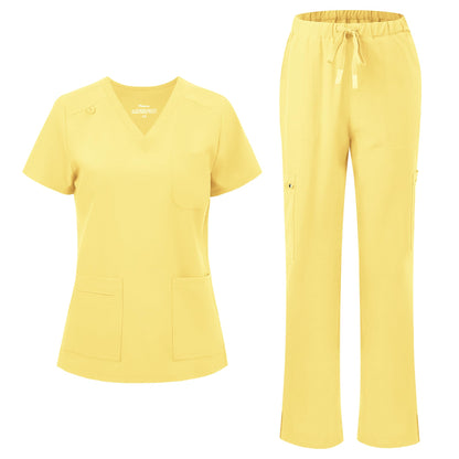floralhue Scrubs for Women, V-Neck Straight Leg Pants with 12 Pockets | Slit Hem Cargo Pant Storage, Yoga Waistband, Water Resistance, For Nurses, Clinics, Long Shifts, Daily Medical Uniforms