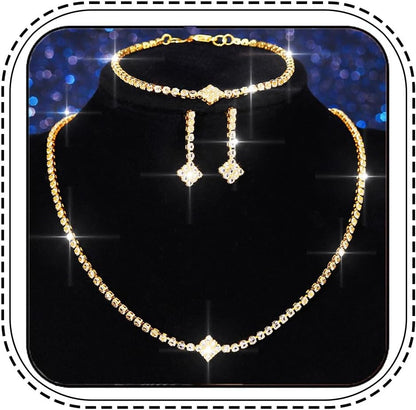 Aukmla Rhinestones Bridal Wedding Jewelry Sets Sparkly Necklace Earrings Bracelet Set Prom Formal Jewelry for Brides and Women