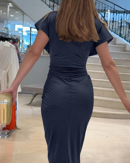 CHICME Summer Dresses for Women Floral Print Plunge V Neck Midi Dress Casual Ruched Slit Bodycon Party Dress