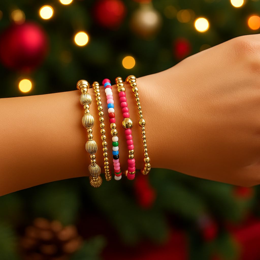 14K Gold Plated Pearl Beaded Cross Bracelets Stack Set for Women,Stretch Boho Colorful Christian Beads Ball Jewelry Friendship Summer Trendy Gift