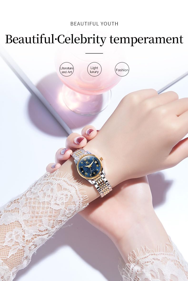 OLEVS Womens Automatic Watches Gold Classic Diamond Ladies Self Winding Mechanical Two Tone Stainless Steel Wrist Watch Date