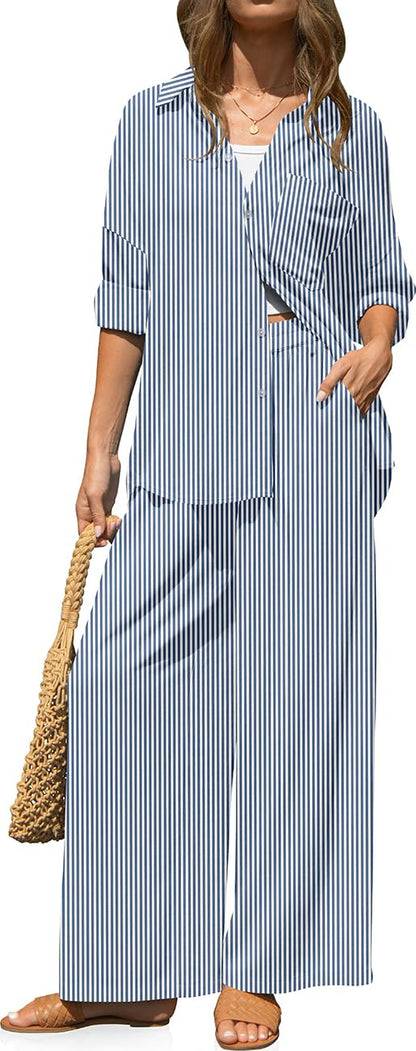 TARSE Womens Linen 2 Piece Outfits Casual Lounge Sets | Long Sleeve, Button Down Shirt and Wide Leg Pants, loose fit linen, vacation outfits with Pockets