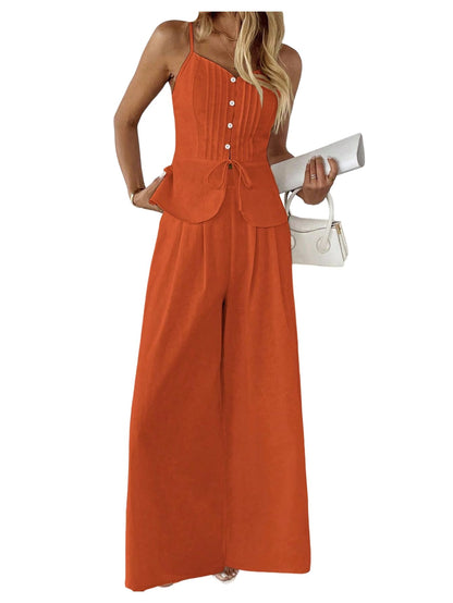 SOLY HUX Women's 2 Piece Summer Outfit Button Down Peplum Cami Top and Wide Leg Pants Set