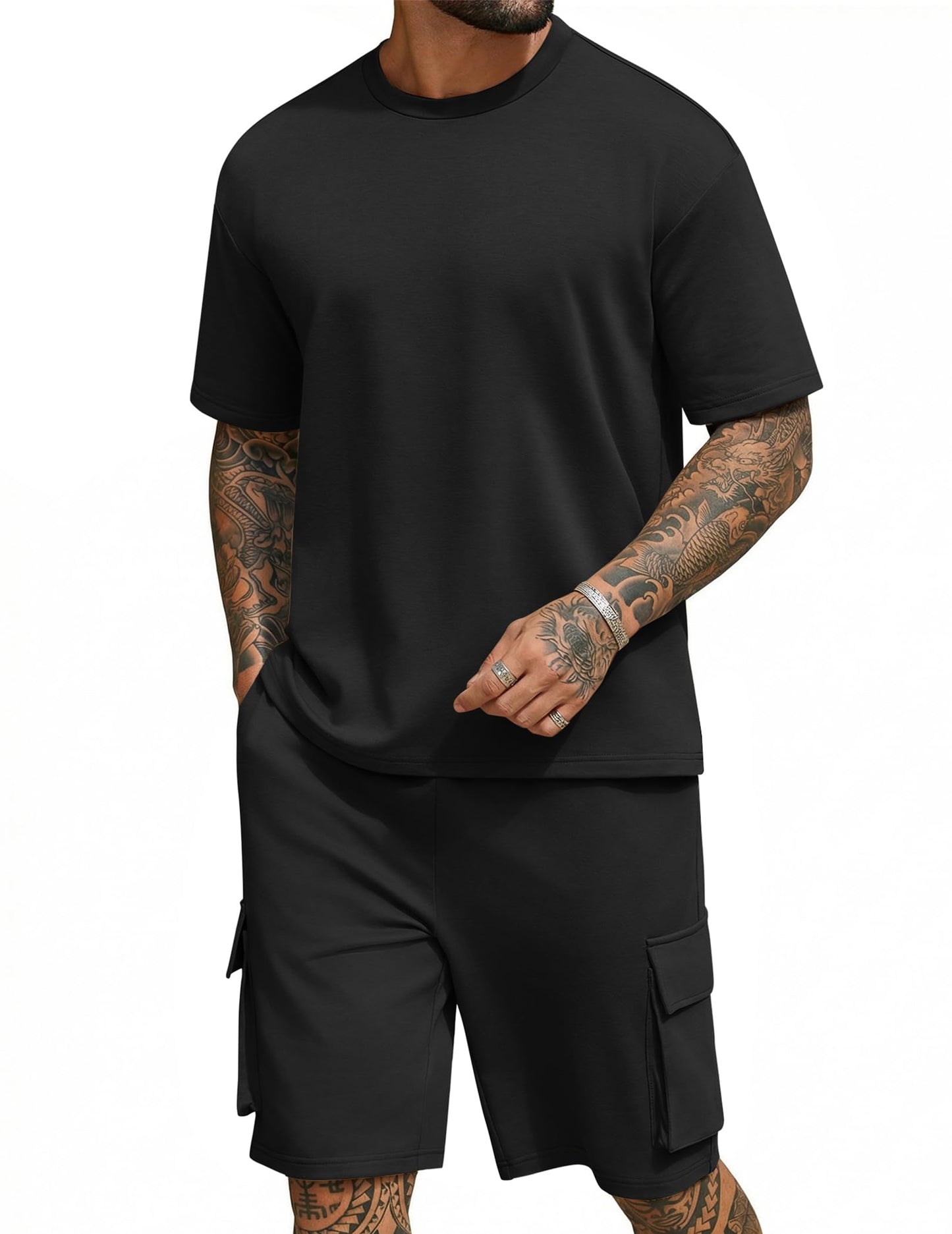 COOFANDY Men's Shirt and Shorts Set 2 Piece Fashion Summer Tracksuits Cotton Oversized T-Shirts Cargo Shorts Outfits