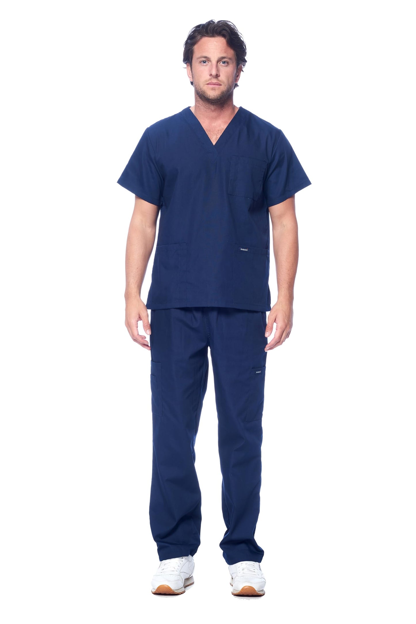 Dagacci Medical Uniform® Men's V-Neck Cargo Scrubs | Cotton Blend, Matching Top and Cargo Pants Set, 8 Pockets, Elastic Drawcord Waistband, for Men in Healthcare