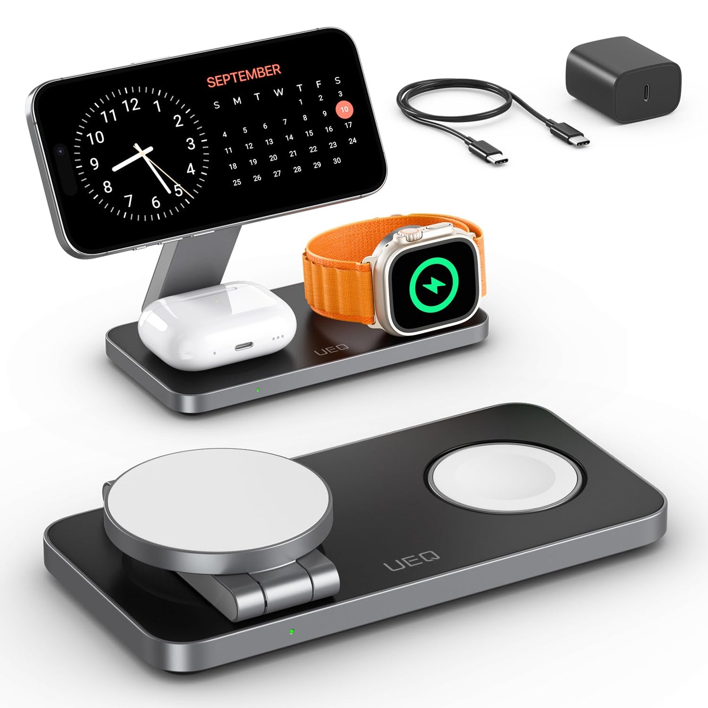 UEQ Foldable 3 in 1 Wireless Charging Station for Apple Magsafe Charger Stand,Fast Magnetic Wireless Charger Station for iPhone 17 Air 16 15 14 13 12 Series,Airpods Pro,Apple Watch Ultra (Pure Black)