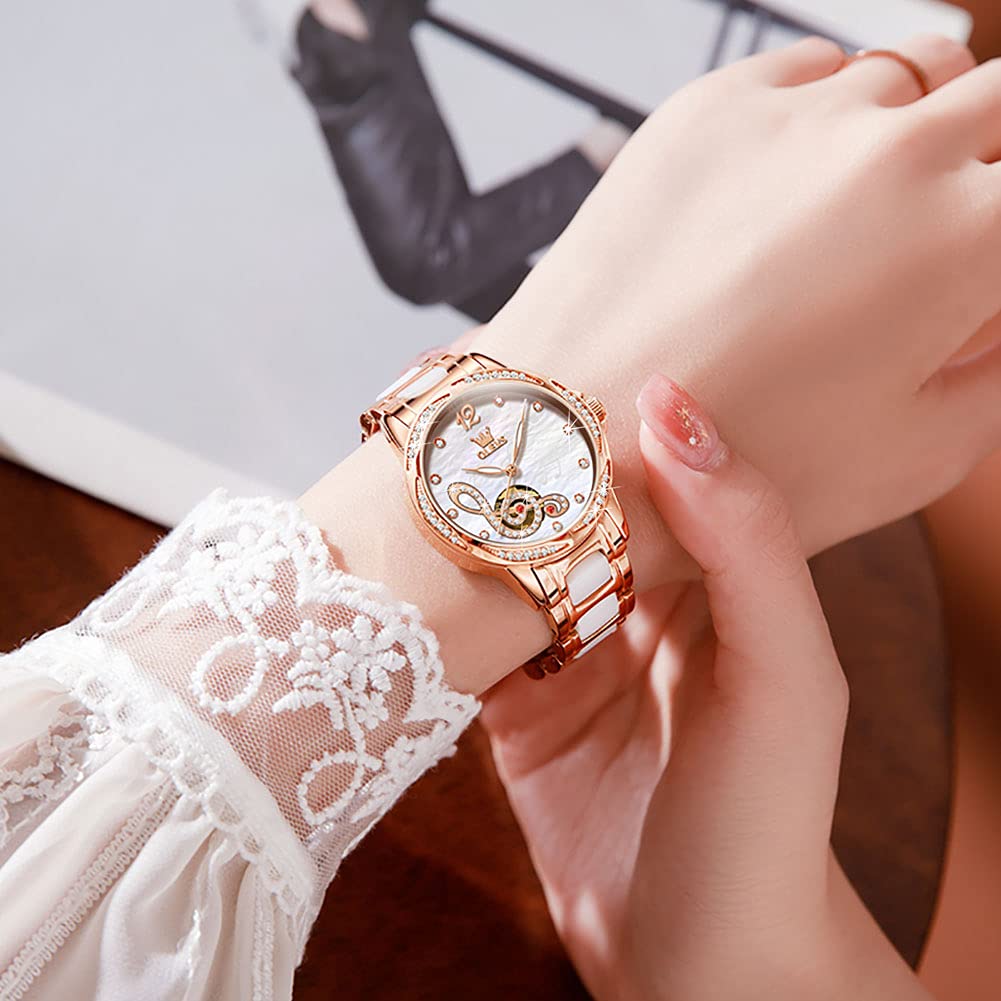 OLEVS Automatic Watches for Women Rose Gold Fashion Diamond Dress Ladies Wrist Watch Self Winding Mechanical Two Tone Ceramic Band Waterproof