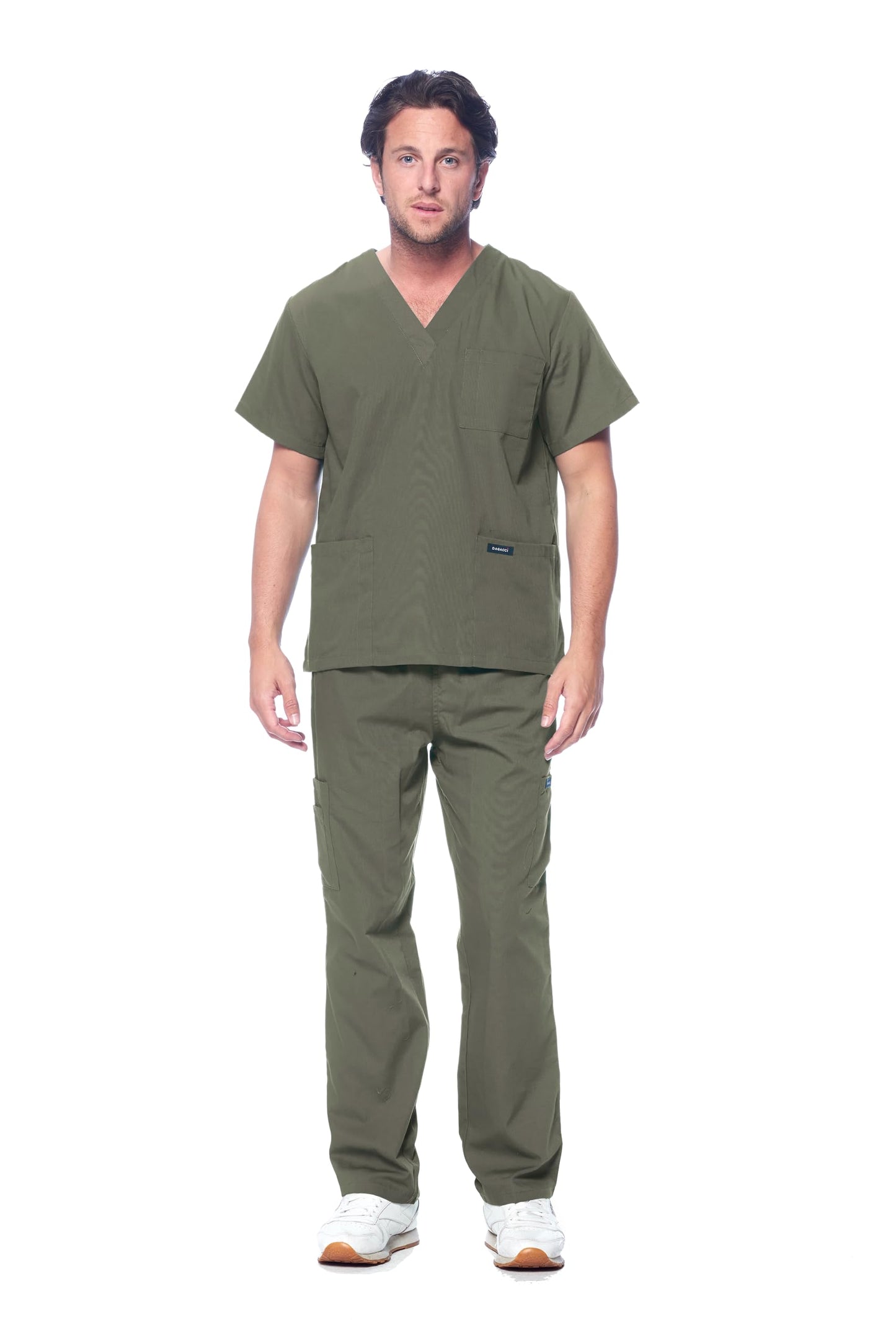 Dagacci Medical Uniform® Men's V-Neck Cargo Scrubs | Cotton Blend, Matching Top and Cargo Pants Set, 8 Pockets, Elastic Drawcord Waistband, for Men in Healthcare