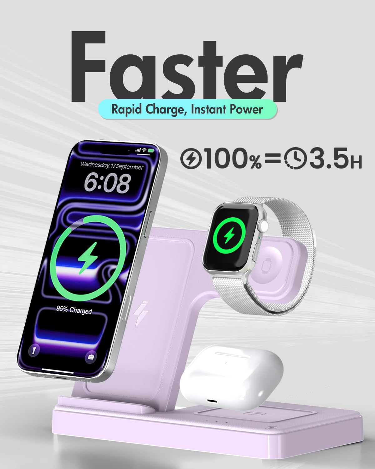 GETPALS Wireless Charger iPhone Charging Station for Apple Multiple Devices | 3 in 1 Charger Stand for iPhone 17 Pro Max 17e 16 16e 15 14 13 12 & Watch Series 11-2 SE Ultra & Airpods 4 3 Pro, Black