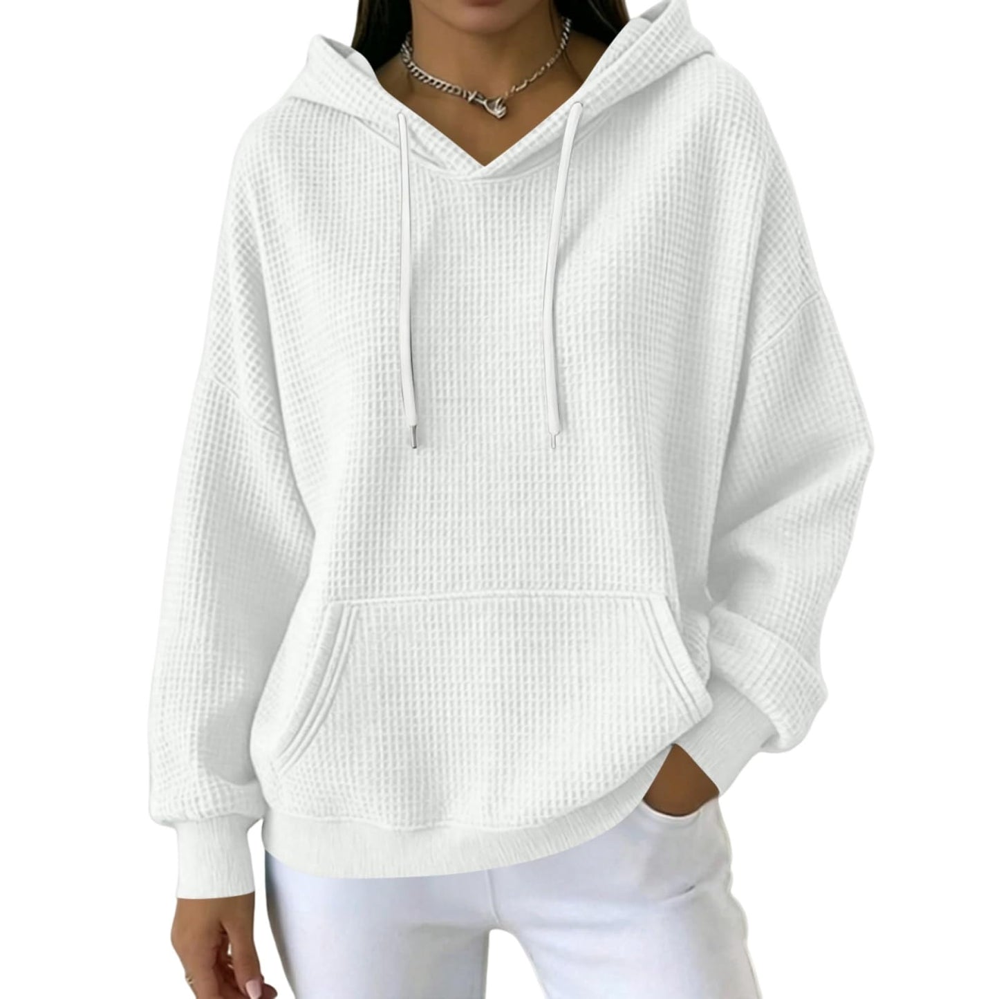 Women Casual Waffle Grid Textured Pullover Hoodie Contrast Drawstring Pocket Loose Long Sleeve Sweatshirts