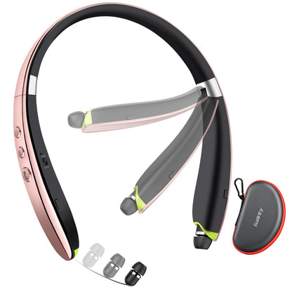 Bluetooth Headset, 2026 Upgraded Neckband Bluetooth Headphones with Retractable Earbuds, Noise Cancelling Stereo Earphones with Mic, Foldable Wireless Headphones for Sports Office w/Carry Case(Black)