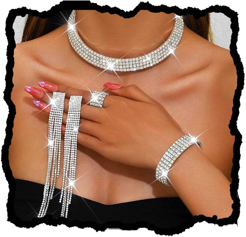 Unicra Rhinestone Bridal Wedding Jewelry Sets Silver Choker Necklace Earrings Bracelet Ring Set Prom Formal Costume Jewelry Set for Women and Brides