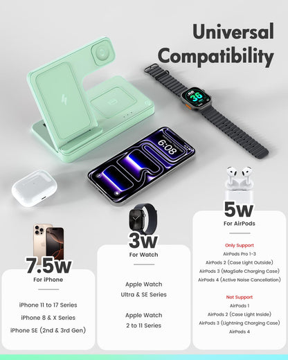 GETPALS Wireless Charger iPhone Charging Station for Apple Multiple Devices | 3 in 1 Charger Stand for iPhone 17 Pro Max 17e 16 16e 15 14 13 12 & Watch Series 11-2 SE Ultra & Airpods 4 3 Pro, Black