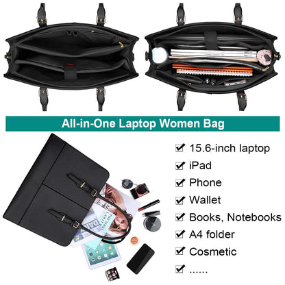Laptop Bag for Women 15.6 Inch Leather Work Tote Briefcase Business Computer Shoulder Bag Large Capacity Waterproof Office Messenger Handbag Professional Teacher Nurse Carryall