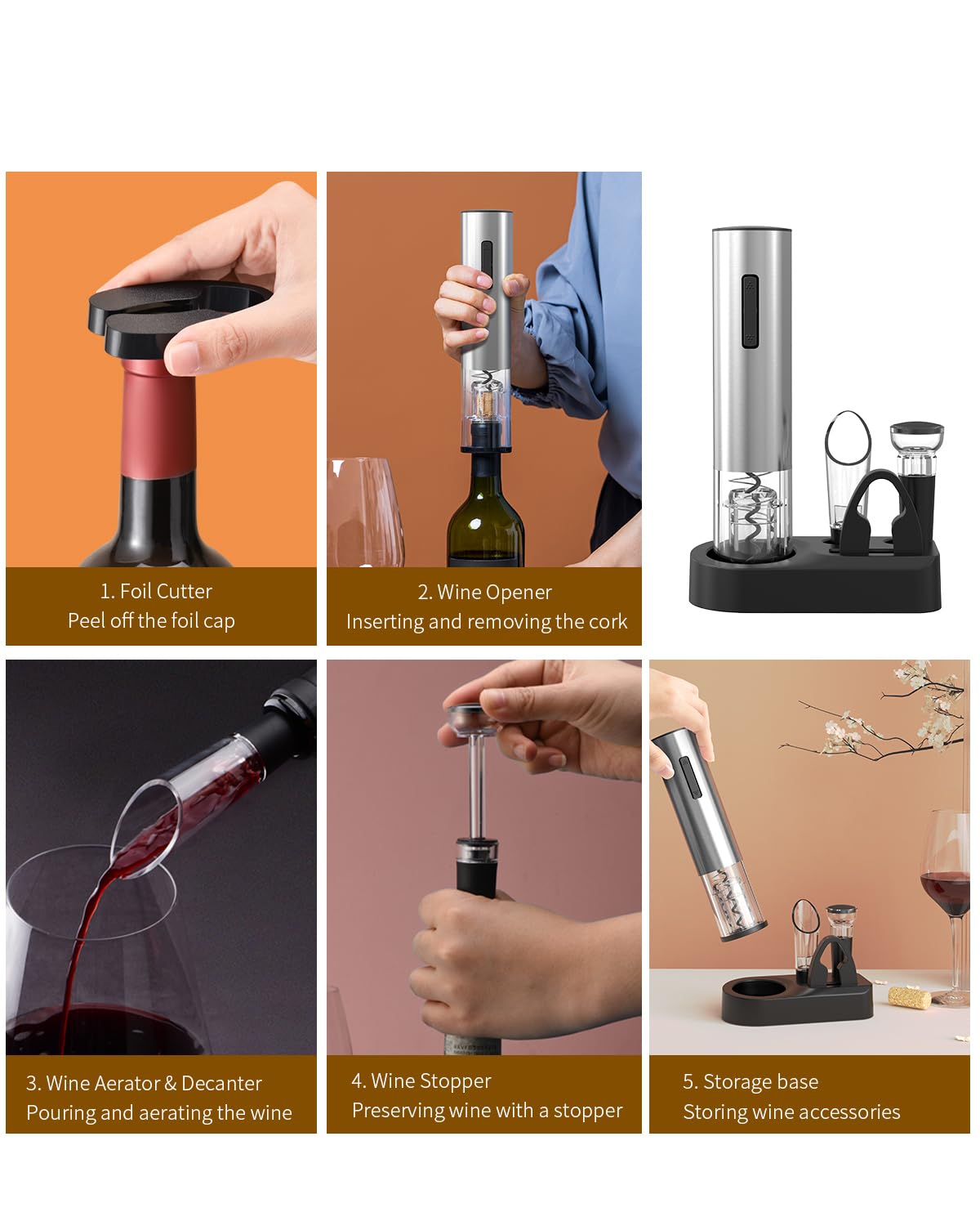 CIRCLE JOY Electric Wine Opener Rechargeable 5-in-1 Stainless Steel Wine Gift Set with Foil Cutter, Wine Aerator Pourer, Wine Drip Ring & Vacuum Stopper, Ideal Gifts for Wine Lovers, Silver