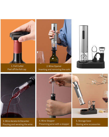 CIRCLE JOY Electric Wine Opener Rechargeable 5-in-1 Stainless Steel Wine Gift Set with Foil Cutter, Wine Aerator Pourer, Wine Drip Ring & Vacuum Stopper, Ideal Gifts for Wine Lovers, Silver