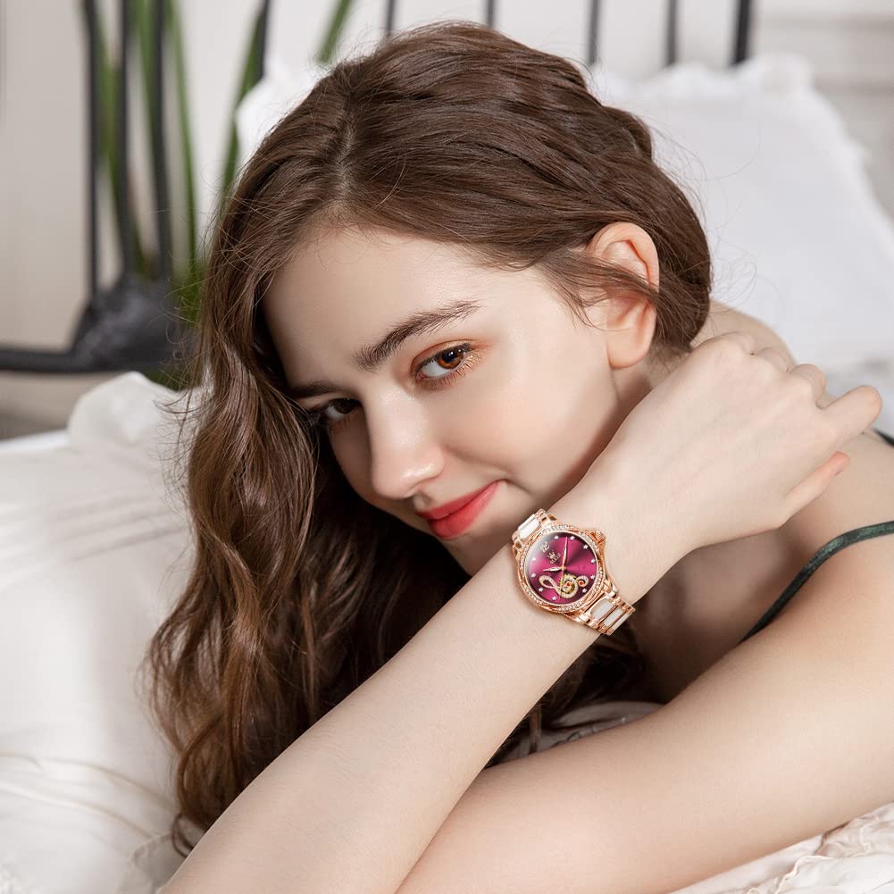 OLEVS Automatic Watches for Women Rose Gold Fashion Diamond Dress Ladies Wrist Watch Self Winding Mechanical Two Tone Ceramic Band Waterproof