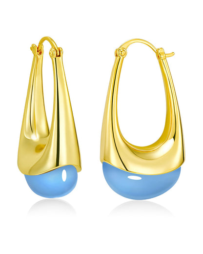 SNGIA Long Oval Chunky Dangle 18K Gold Plated Hoops with Colored Resin Gemstone Statement Earrings for Women, (Green, Brown, Light blue, Dark Blue), Bold Drop Handmade Exaggerated Irregular Trendy Bohemian Jewelry Gifts, Unique Dangling Teardrop Baroque S