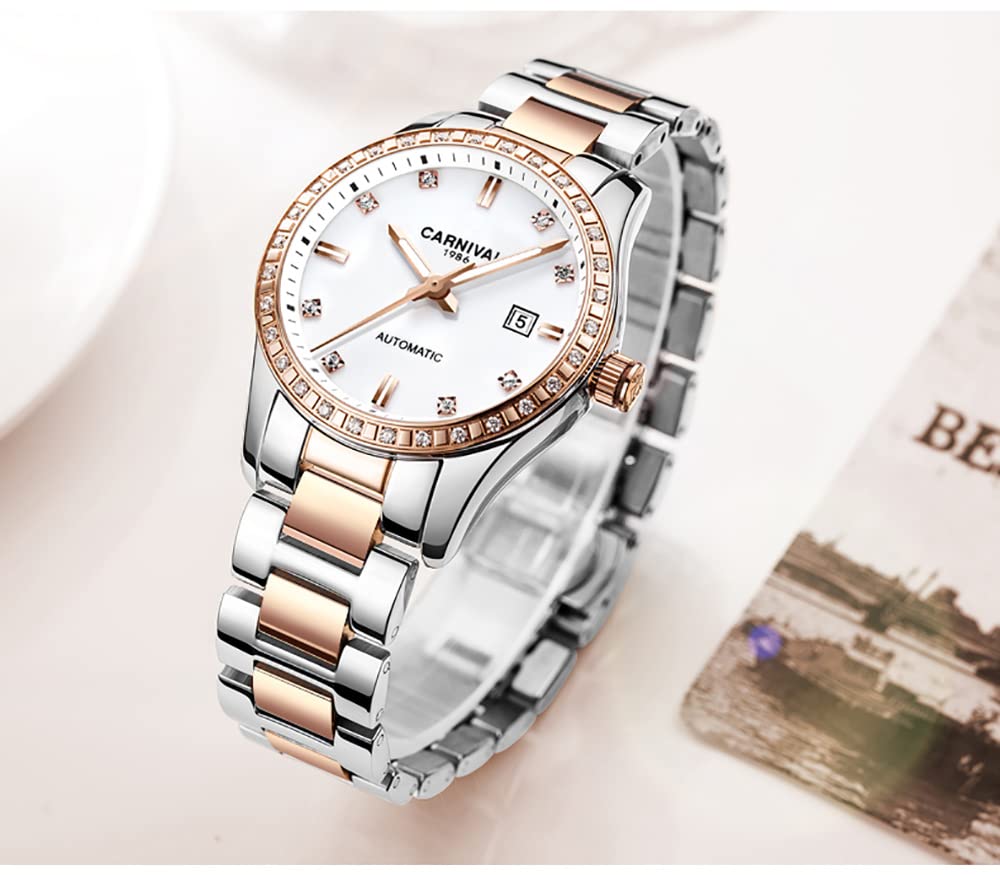 LOREO Women's Automatic Watch Diamond-Accented Dress Watch for Women Self-Winding Mechanical Watch with Sapphire Crystal Stainless Steel Two-Tone Bracelet 33MM Elegant Wrist Watch