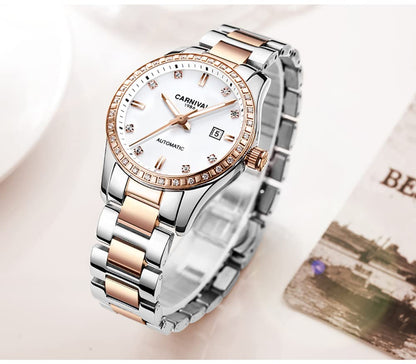 LOREO Women's Automatic Watch Diamond-Accented Dress Watch for Women Self-Winding Mechanical Watch with Sapphire Crystal Stainless Steel Two-Tone Bracelet 33MM Elegant Wrist Watch