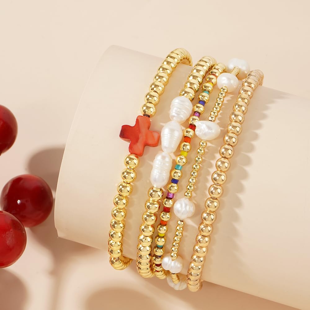 14K Gold Plated Pearl Beaded Cross Bracelets Stack Set for Women,Stretch Boho Colorful Christian Beads Ball Jewelry Friendship Summer Trendy Gift