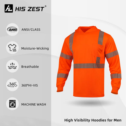 High Visibility Hoodies for Men,Safety Reflective Long Sleeve ANSI Class 3 Hi Vis Construction Work Shirts with Hood