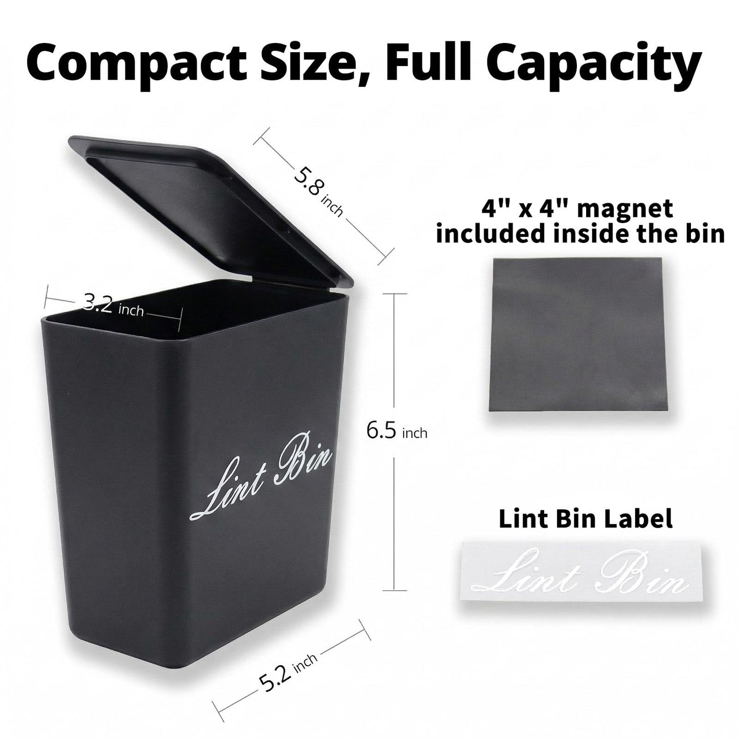 Artilife Magnetic Plastic Black Lint Bin with Lid for Laundry Room, 6 X 5 Inch Compact Wall Mount Lint Holder for Dryer, Small Black ABS Trash Can for Dryer Lint and Sheets