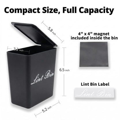 Artilife Magnetic Plastic Black Lint Bin with Lid for Laundry Room, 6 X 5 Inch Compact Wall Mount Lint Holder for Dryer, Small Black ABS Trash Can for Dryer Lint and Sheets