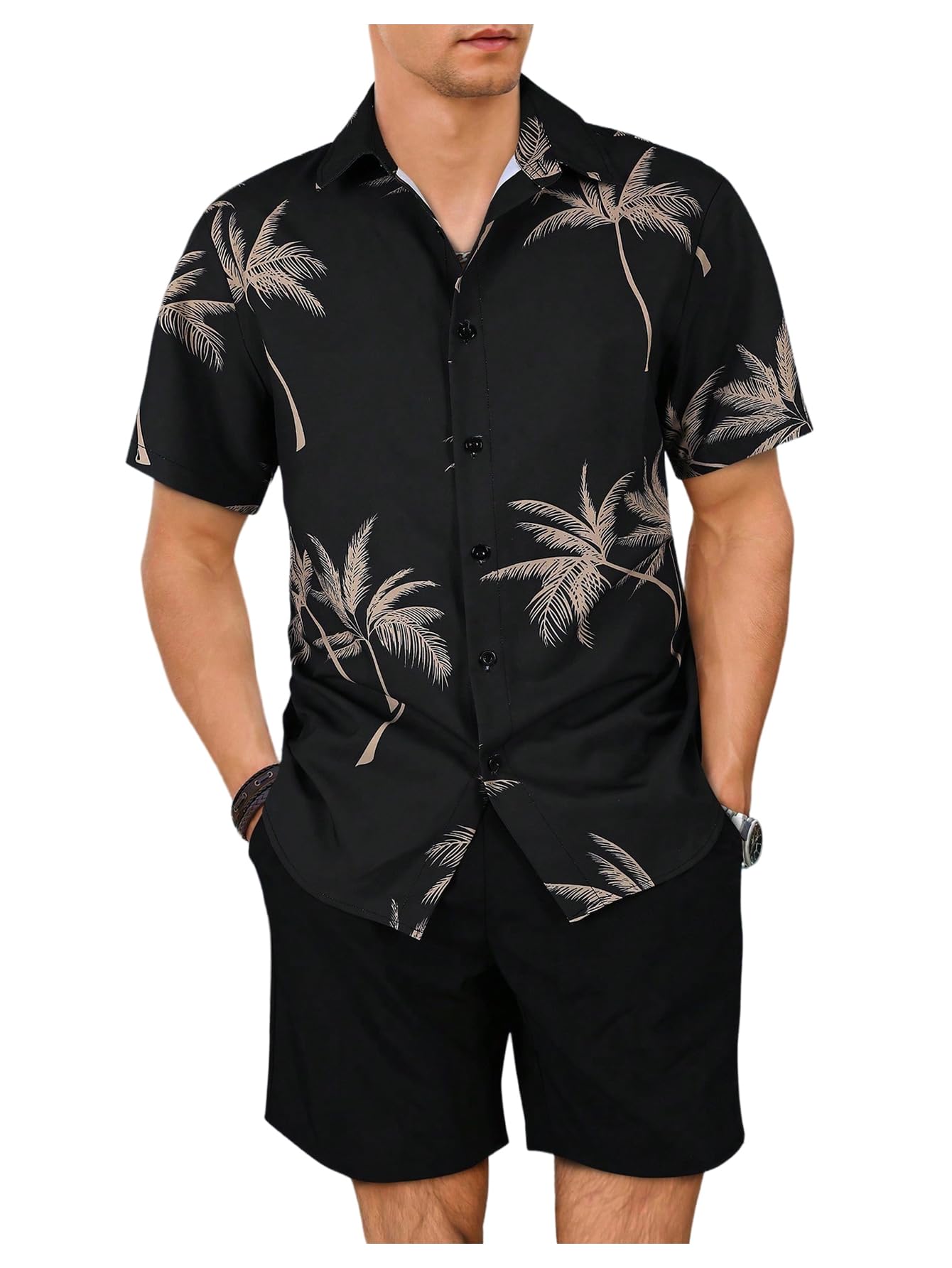 GORGLITTER Men's Vacation Beach Cruise Summer Outfits 2 Piece Shorts Set Hawaiian Button Down Shirt and Shorts