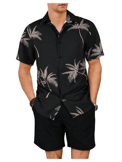 GORGLITTER Men's Vacation Beach Cruise Summer Outfits 2 Piece Shorts Set Hawaiian Button Down Shirt and Shorts