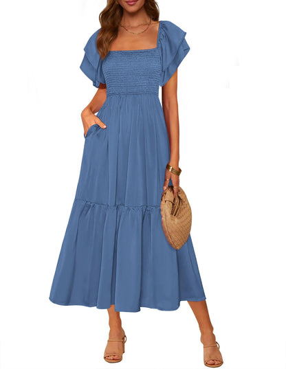 MASCOMODA Womens Summer Casual Midi Dress Square Neck Ruffle Short Sleeve Smocked High Waist A Line Wedding Guest Dresses