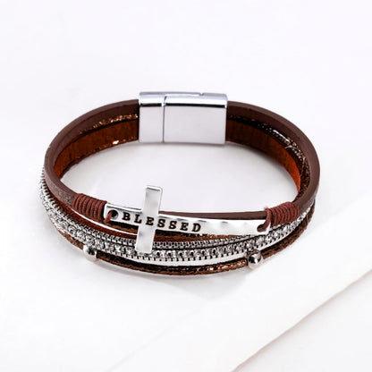 Fesciory Leopard Bracelet for Women, Boho Leather Wrap Multi-Layer Pearl Crystal Bracelet Bangle Jewelry