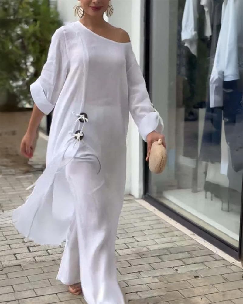CHICME Women's Linen 2 Piece Vacation Set Cold Shoulder Wide Leg Pants | Lightweight Linen-Blend Fabric. Cold Shoulder Design. Perfect for Vacations, Travel, and Everyday Wear.