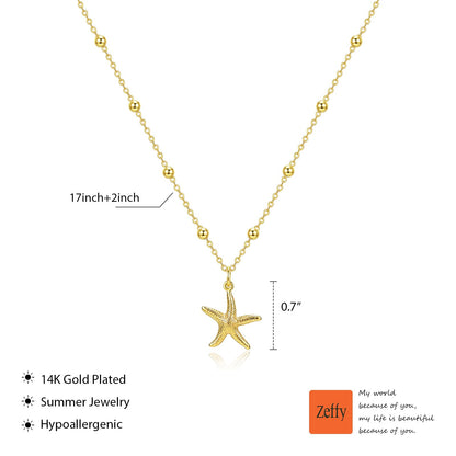 Zeffy Shell Necklace for Women,14K Gold Plated Layered Starfish Conch SeaShell Pearl Pendant Charm Necklace Stack Waterproof Dainty Beach Jewelry for Summer Vacation