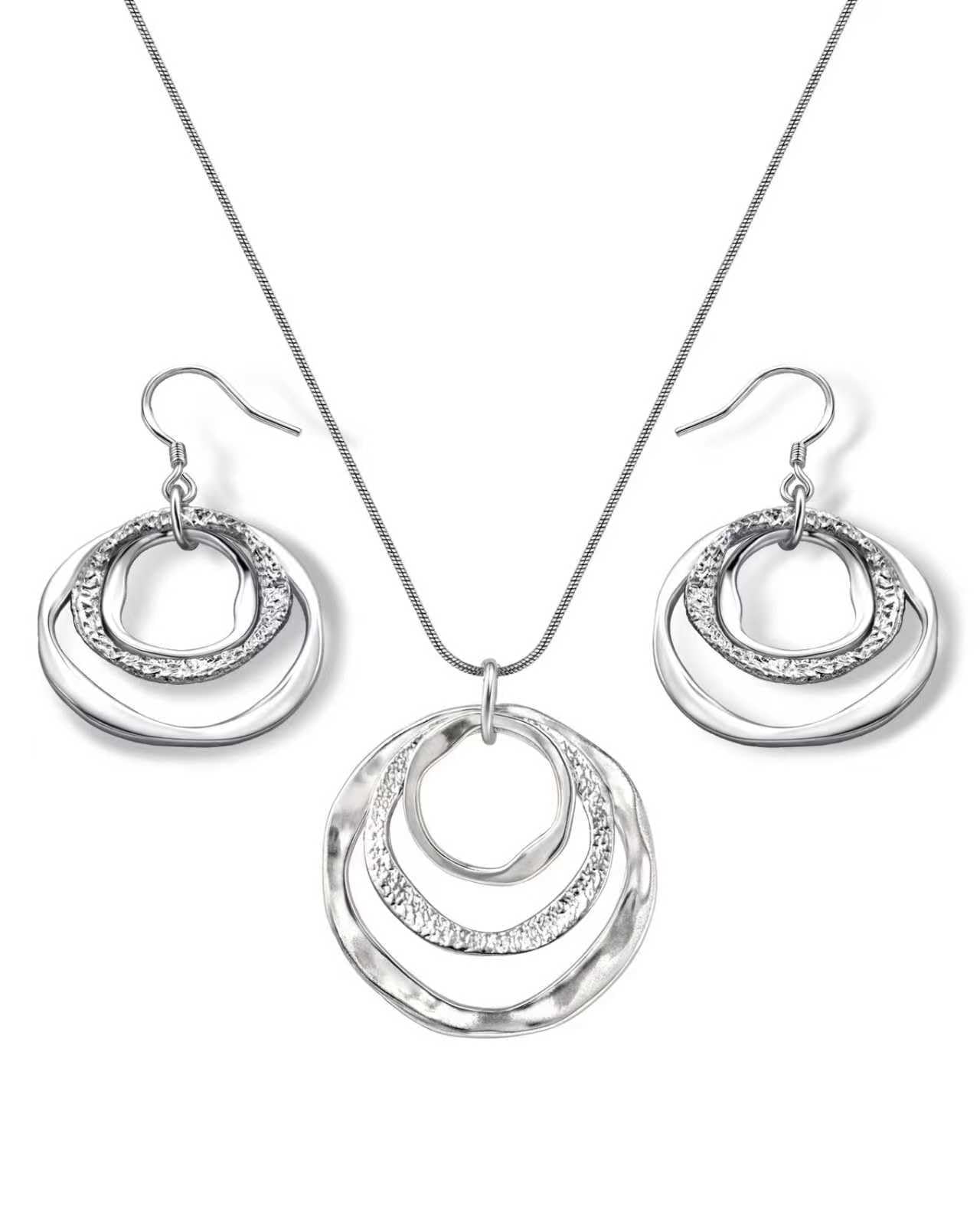 Hypoallergenic Silver Circle & Dangle Earrings and Necklace Set for Women Geometric Boho Style Hoop Jewelry for Women-Lightweight & Dangling-Gift for Bohemian Fashionistas