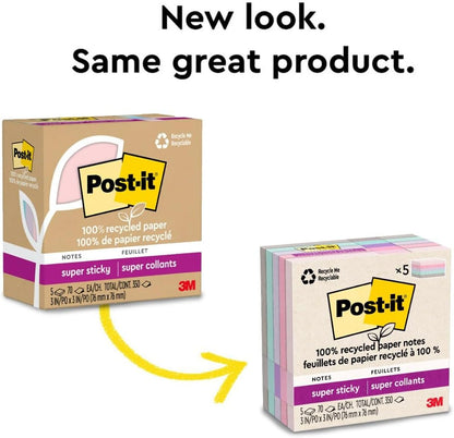 Post-it 100% Recycled Super Sticky Notes, 3 x 3 in, Pastels, 5 Pads | School Supplies and Office Products, 2X the Sticking Power