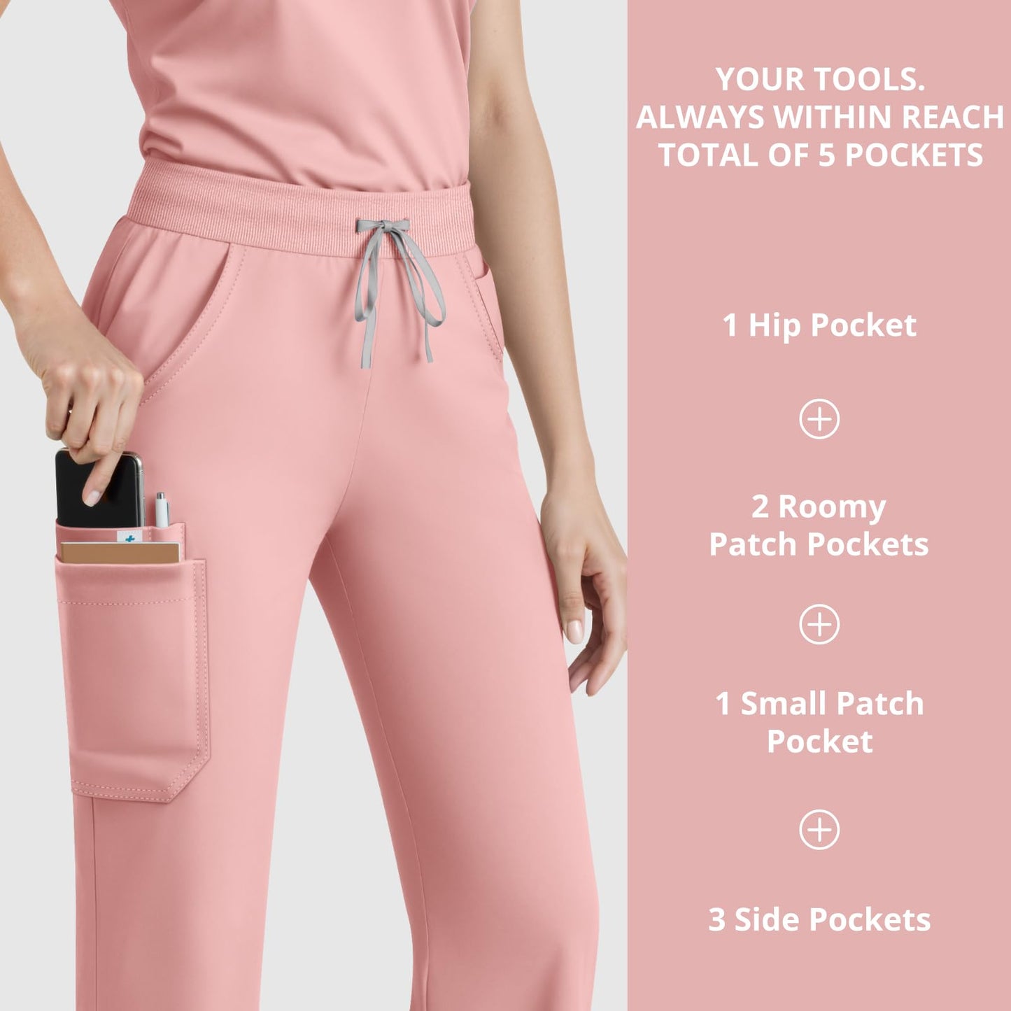 Scrubs for Women Set, Sleeveless 9-Pocket Straight Leg Yoga Waist | Stand-up collar top, straight leg pants side slits. Soft stretch knit. Yoga waist. Wrinkle-free. For nurses/docs/vets.