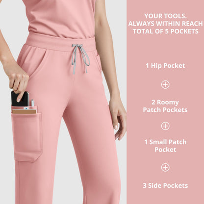 Scrubs for Women Set, Sleeveless 9-Pocket Straight Leg Yoga Waist | Stand-up collar top, straight leg pants side slits. Soft stretch knit. Yoga waist. Wrinkle-free. For nurses/docs/vets.