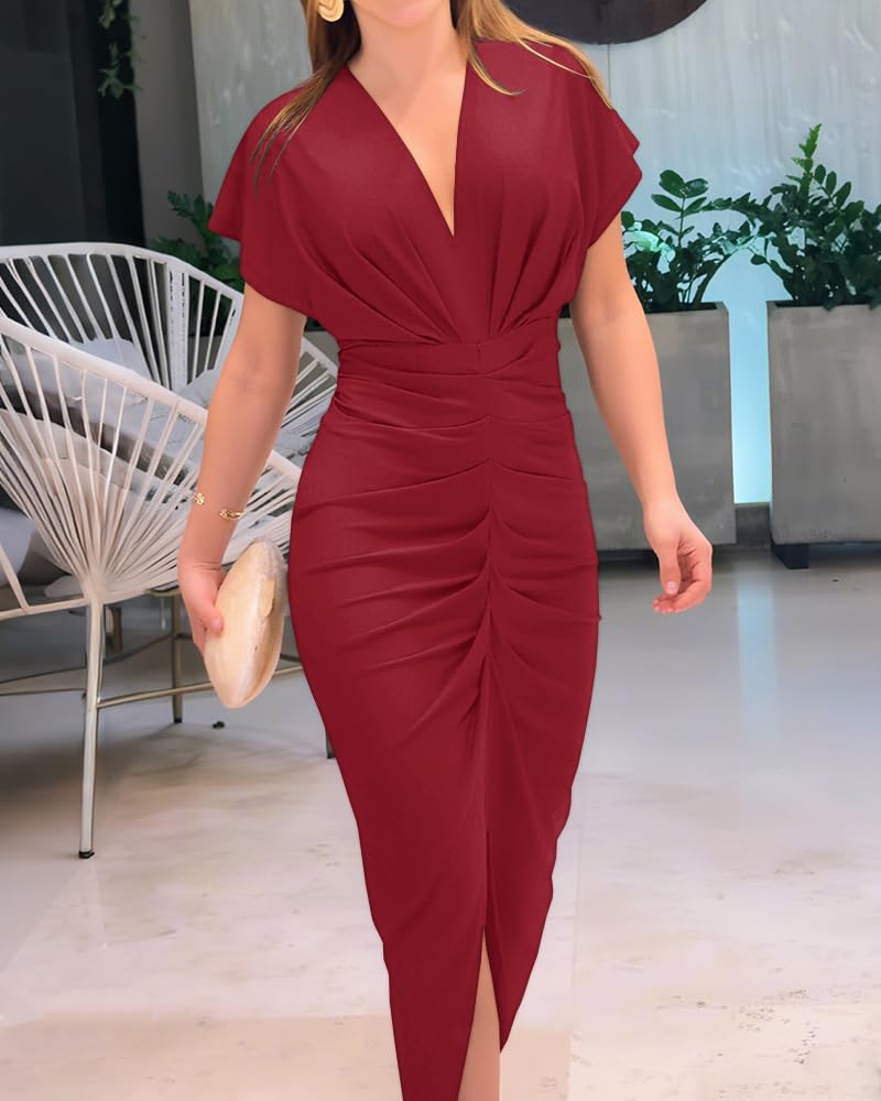CHICME Summer Dresses for Women Floral Print Plunge V Neck Midi Dress Casual Ruched Slit Bodycon Party Dress