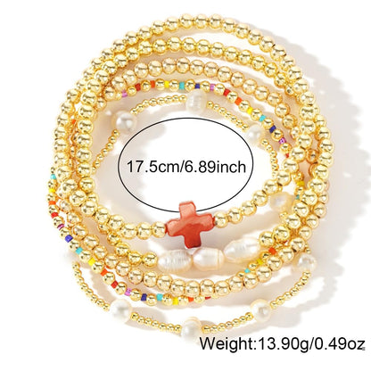 14K Gold Plated Pearl Beaded Cross Bracelets Stack Set for Women,Stretch Boho Colorful Christian Beads Ball Jewelry Friendship Summer Trendy Gift