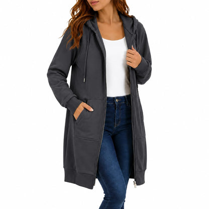 Womens Long Zip Up Hoodie Jacket Casual Open Front Tunic Sweatshirt with Pockets Fleece Lightweight Fall Winter Coat