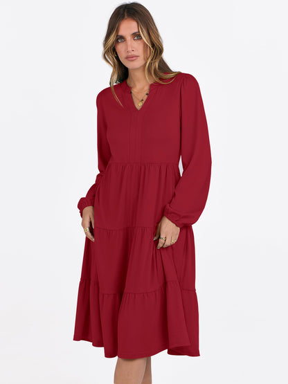 ANRABESS Womens V Neck Long Sleeve Midi Dress | Swing Flowy Tiered with Pockets, Soft Fabric, Boho Beach Vacation Dresses, Loose Fit Casual, Fall Winter Transition Clothes