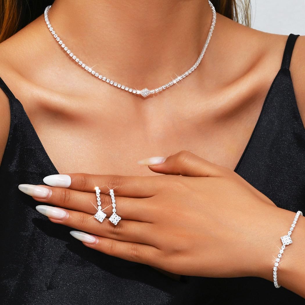 Aukmla Rhinestones Bridal Wedding Jewelry Sets Sparkly Necklace Earrings Bracelet Set Prom Formal Jewelry for Brides and Women