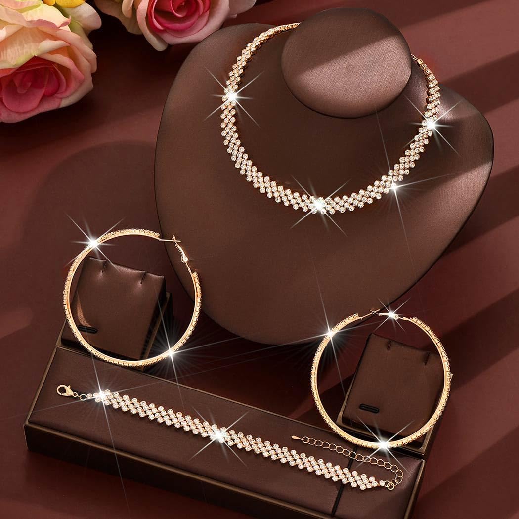 Unicra Black Jewelry Sets Rhinestone Necklace Hoop Earrings Bracelet Set Prom Formal Sparkly Costume Jewelry Sets for Women